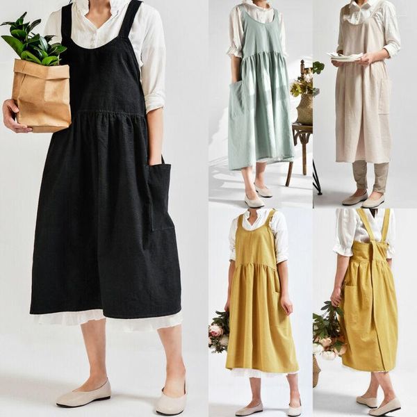 Averons femininos de linho de algodão cruzar o trabalho de trabalho doméstico de avental com pocket florist vestido de cor sólido jardim kichen