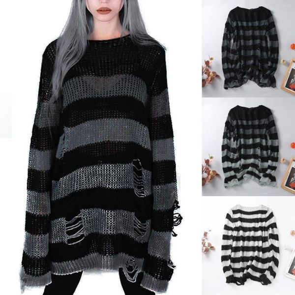 Kadın Sweaters Cadılar Bayramı 2022 Gotik Örme Sweater Kadınlar Uzun Küleyler Çizgili Gevşek Kış Yırtık Bir Beden Jumper Mujer Jersey#