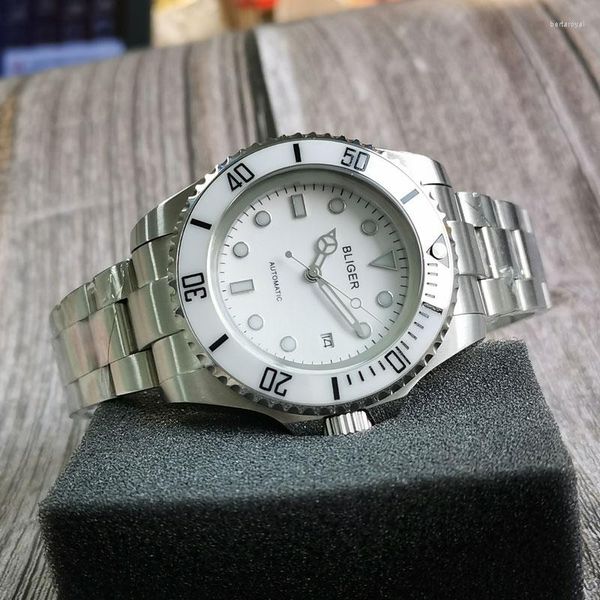 Нарученные часы белые 44 -мм автоматические мужские наручные часы сапфировые стекло 24 драгоценности NH35 Miyota 8215 Стальной браслет керамический вставка корона