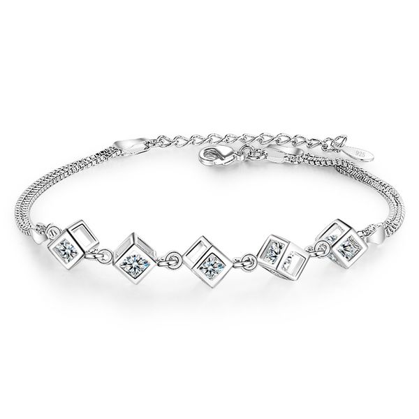 Braccialetti fortunati in argento 925 con timbro color argento, cubo, scatola di moda, catena, braccialetto, donna, donna, ragazza, gioielli, regalo