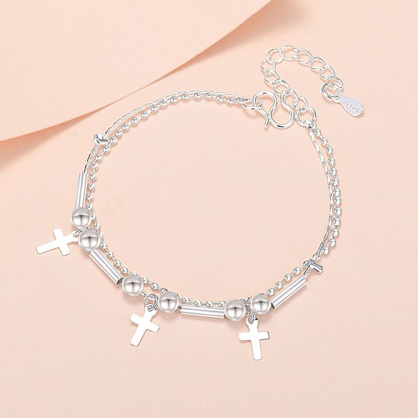 925 Carimbando Silver Women's Charm Bracelet Fashion Ball Cross Ball Double Chain Festa de Casamento da Fenda Fina J￳ias de Natal