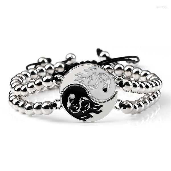 Strand 2pcs/set yin yang casal bracelete contas de cobre dragão vintage tai chi charme pulseiras trançadas para mulheres jóias