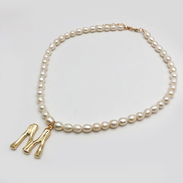 Collane con ciondolo 50cm Trendy Genuine Pearl 26 Lettere Girocollo A-Z Collana con lettera iniziale Acciaio inossidabile Regalo di gioielli con perline in metallo