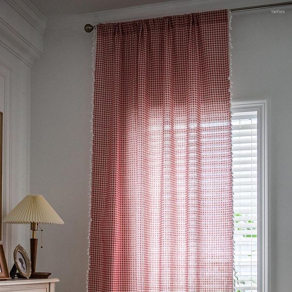 Cortina semi -prelimusos cortinas de janela de sacada para cozinha quarto quarto decoração de estilo americano estilo xadrez vermelho de xadrez