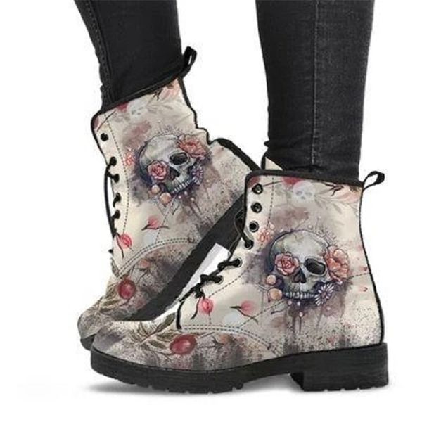 Stiefel Digitaldruck Herbst Lady High Top Totenkopfmuster Stiefel Britische PU Damenmode Arbeitsstiefel 221014