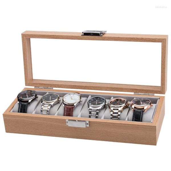 Uhrenboxen 6 Slot Box Holz Handgelenk Vitrine Glas Top Lock Schmuck Aufbewahrungshalter Organizer für Männer Frauen Geschenk