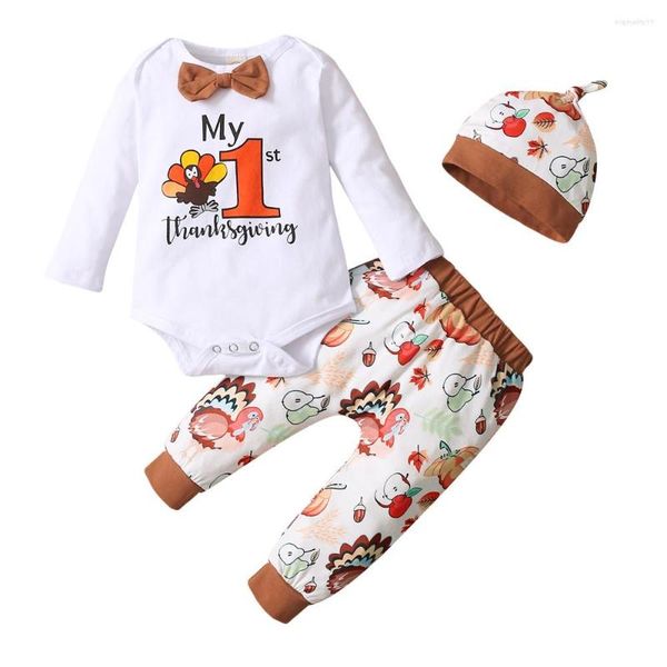 Set di abbigliamento 3 pezzi Giorno del Ringraziamento Neonate Ragazzi Completo Manica lunga Colletto tondo Lettera Pagliaccetto Pollo Stampa frutta Pantaloni Berretto