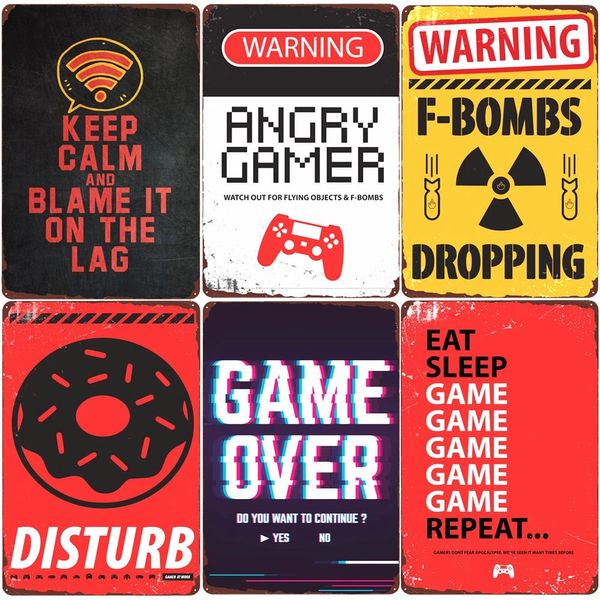 Aviso Gamer Angry Pintura Tin Sign Gaming Repita Poster Clube Clube Domicultura Eat Sleep Sleep Game Gunics Wall Stickers Plaque Children Room Arte Sinais de Decora￧￣o de Crian￧as Presente Presente