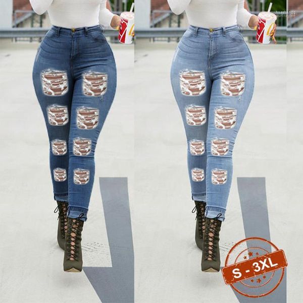 Jeans femininos Sexy femininos Sexy Mulheres rasgadas com cintura alta Long Long Retro Fashion Street Leggings Streting S-3XL