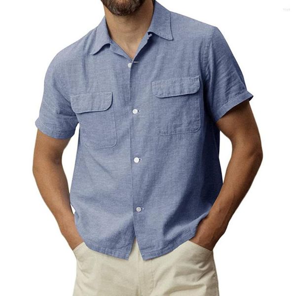 Magliette da uomo Camicetta casual da uomo Camicia di lino in cotone Top larghi Tasca a maniche corte Summer Beach Uomini belli