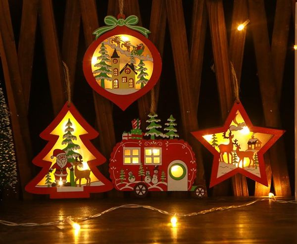 Decorações de Natal 2022 Creative Led Luminous Light Tree Pingente Star Car Heart Wooden Decoration Party Ano 2022 Feliz ano de 2023Cristmas