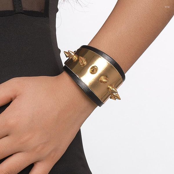 Armreif Punk Lederarmband Spike Manschette Wickelarmbänder Druckknopf Gold Metall Armband R7RF