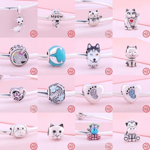 925 Sterling Silber baumelnder Charm-Anhänger für Damen, hochwertiger Schmuck, Geschenk, Haustier, Katze, Hund, Husky, Fußabdruck, Einhorn, baumelnder Bead, passend für Pandora-Charm-Armbänder, DIY 020