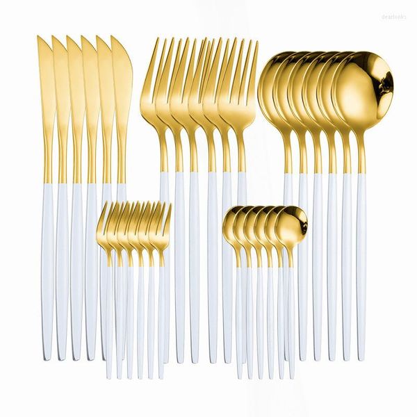 Set di stoviglie da cucina Set da tavola da 30 pezzi Set di posate in oro bianco Cucchiaio da tavola in acciaio inossidabile Forchetta Coltello Posate per la casa di lusso