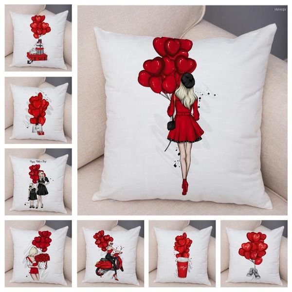 Kissen „I Love You“, weicher Plüschbezug, niedlicher Cartoon-Mädchen-Druck, Kissenbezug, Dekor, roter Ballonbezug für Sofa, Zuhause, 45 x 45 cm