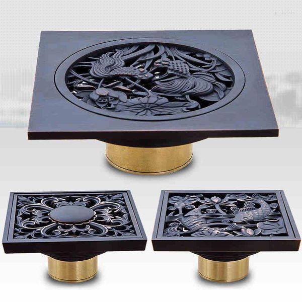 Forniture per servizi igienici Scarico 10 cm Quadrato Ottone nero Filtro per doccia Copertura del pavimento Arte intagliata Balcone Bagno Accessori per il bagno Griglia Rifiuti SY-073R