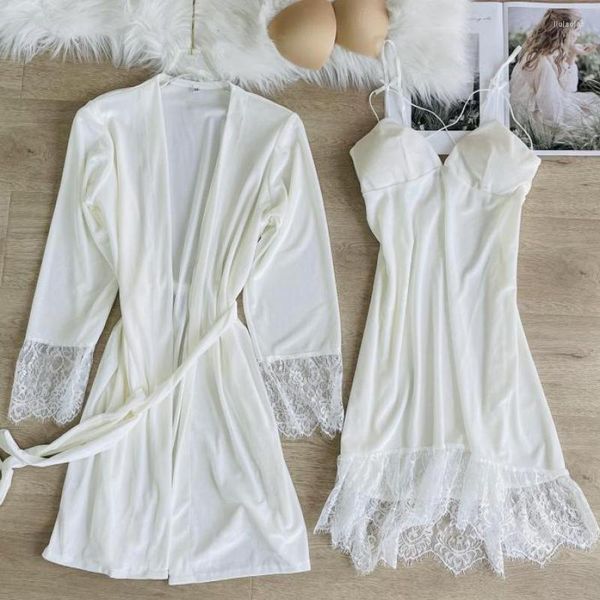 Indumenti da notte da donna Autunno Corto Abito casual Accappatoio Bianco 2 pezzi Set di vestaglia Kimono in velluto Donna Abbigliamento morbido per la casa Lingerie intima di pizzo sexy