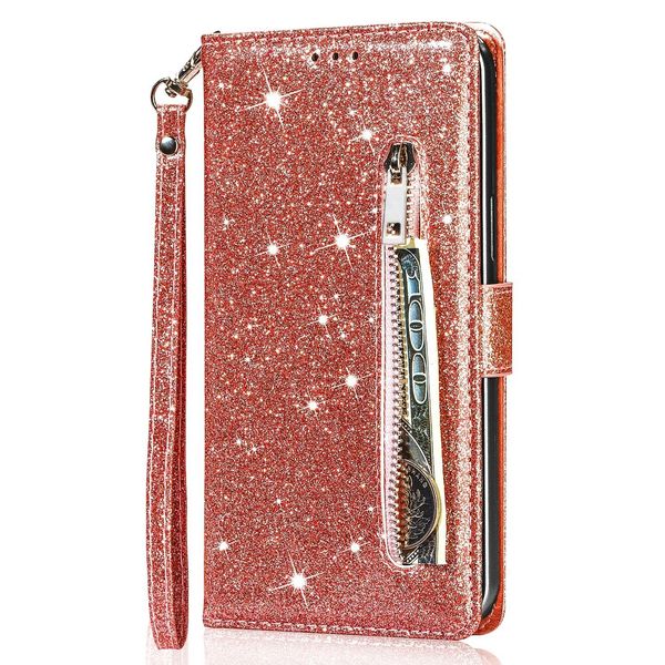 Glitzer-Handyhüllen für iPhone 15 14 13 12 11 Mini Plus Max X XR XS 8 7 Brieftasche Leder Reißverschluss Hülle Luxus Crystal Sparkle Bling