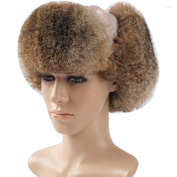 Berretti HT3728 Cappello di vera pelliccia spesso caldo inverno Uomo Donna Berretto da sci Plus Size Bomber russo Ushanka Alta qualità