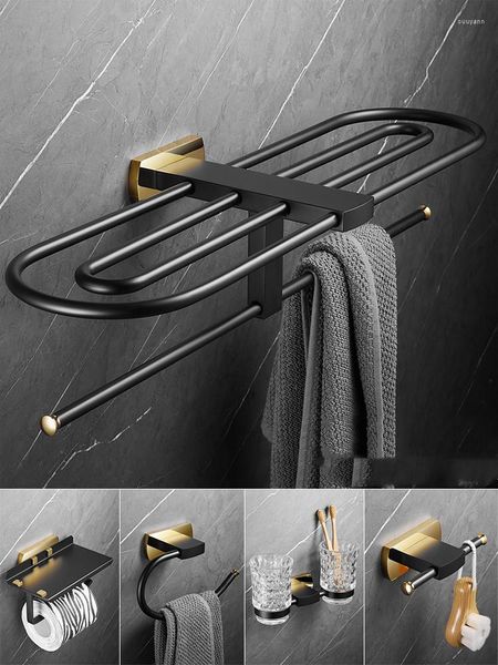 Set di accessori per il bagno Accessori per il bagno Ottone Rame nero Ripiano portaoggetti Porta fazzoletti Gancio Porta asciugamani/barra Porta scopino Serie hardware