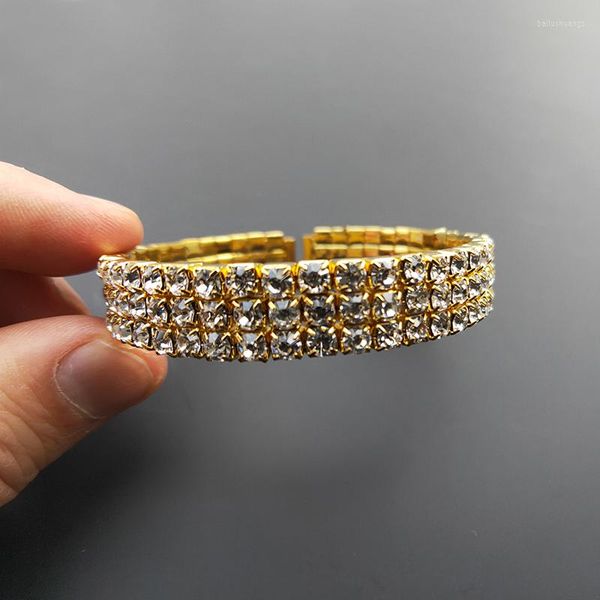 Bangle 3 fileiras Crystal Rhinestone Prazed prateado e colorido dourado lateral de noiva Bracelets abertos para mulheres