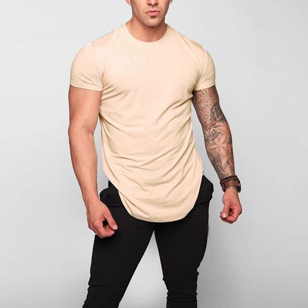 Camisetas masculinas Moda Roupas de academia Cor sólida Manga curta Masculina Ajuste justo Corrida Treinamento Esportes Bainha irregular Camiseta verão