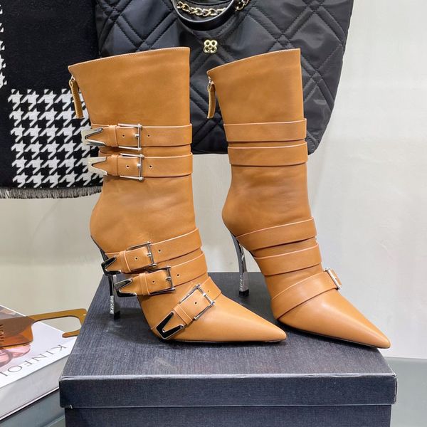 Stivali a spillo con punta a punta da 100 mm Pelle di agnello Fashion zip Half Boot designer di fibbie per cintura Stivaletti da motociclista scarpa classica di lusso per calzature da donna