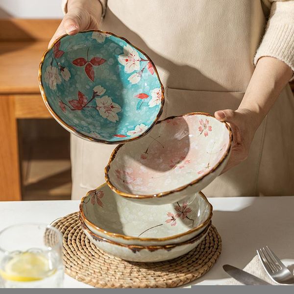 Tigelas 7,5 polegadas de flores japonesas salada tigela de cerâmica resistente à sopa de macarrão de macarrão de macarrão de ramen de tabela