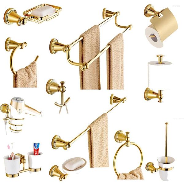 Badezubehör Set Gold Finish Messing Badezimmer Hardware Toilettenpapierhalter Zahnbürste Handtuch Handtuch Wandmontagezubehör