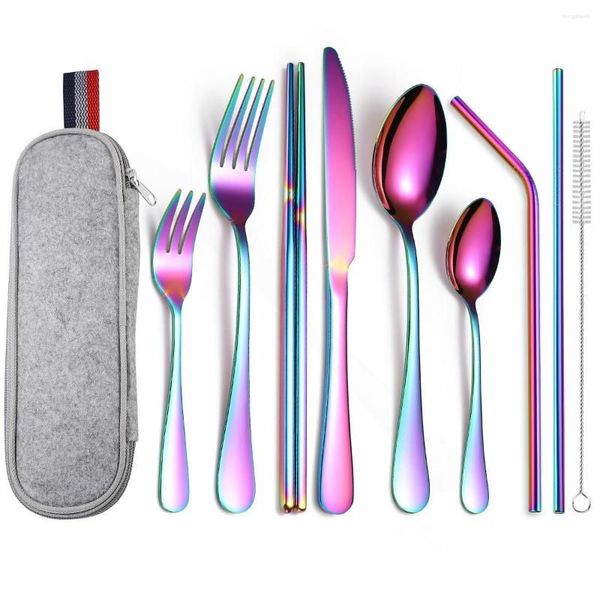 Conjuntos de utensílios de jantar Conjunto de talheres portáteis Caixa de mesa de aço inoxidável Faca de faca de faca de viagem 9 PC 1018