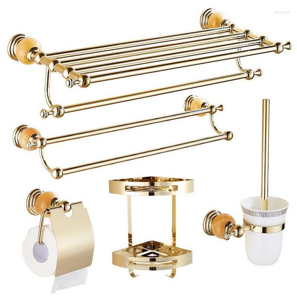 Set di accessori per il bagno Confezione di ganci hardware lucidati in oro con base in giada Base portasciugamani Barra porta carta Spazzola per mensola Accessori per il bagno