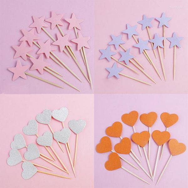 Abastecimento festivo 10pcs bolo colorido topper cardíaco estrela sobremesas bandeiras de decoração de feliz aniversário festa de bebê decoração de chá de bebê casamento