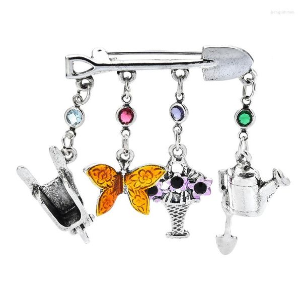 Broches Wulibaby Vintage Butterfly Kettle Garden Tools Pins Broche para Women Jewelry Gift Cute Metal Badge Sweater Acessório