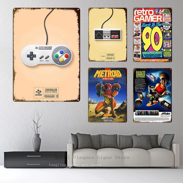 Videogioco Pittura in metallo Targa in metallo Cartone animato Retro Gamepad Poster Casa Soggiorno Adesivi vintage Targhe decorative Targhe da parete Segni Regalo per bambini Decorazione da parete