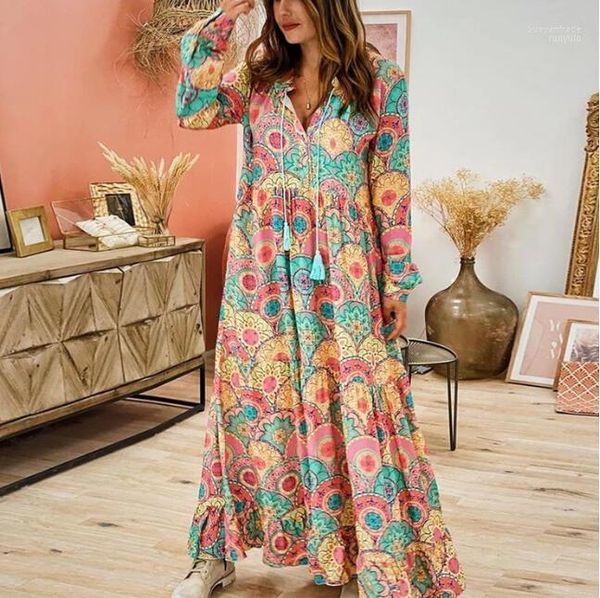 Vestidos casuais mulheres vestido maxi 2022 moda boêmia elegante damas elegantes solteiras sexy de gola em v luva longa e elegante fêmea estampada grande grande