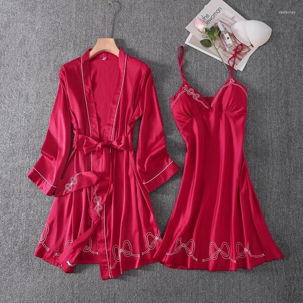 Momento de dormir feminino Ladies Spring Kimono Robe Gown Conjunto Sexy-deco