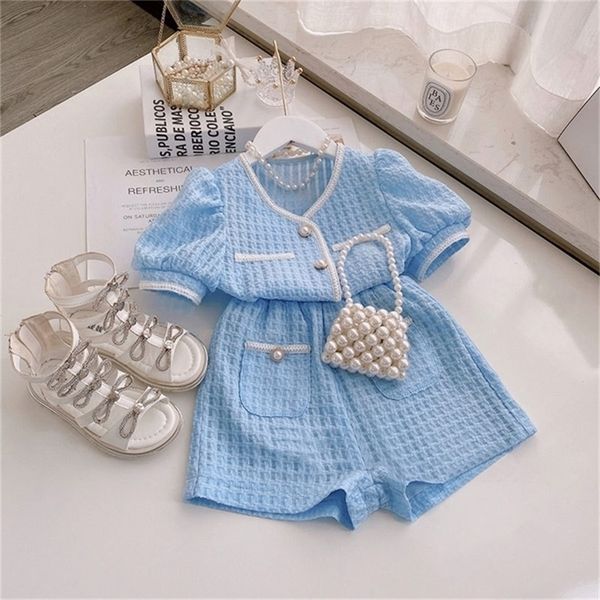 Summer Girls 'Set Color Blue Color Vintage Roupas Crianças Plaid Blouse Shirt and shorts Roupas infantis atacado 220425