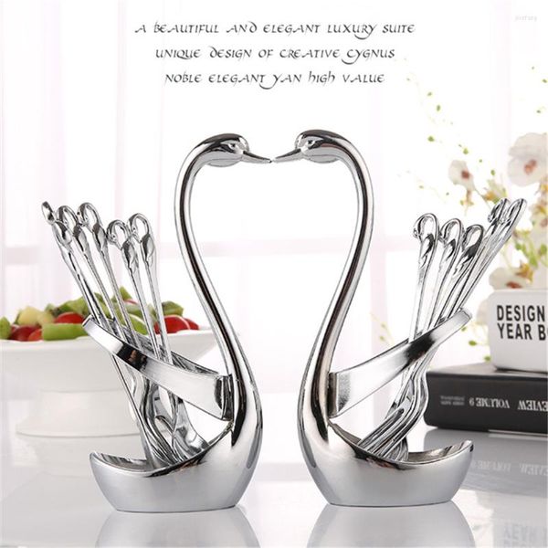 Dinnerware Sets Swan Fruit Fork Spoons Set Stand Stand Tableware Decoração de cozinha de festa de casamento de aço inoxidável