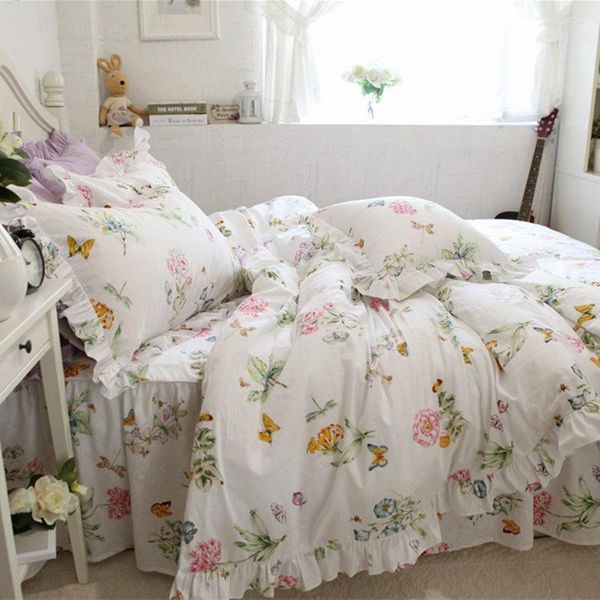 Set di biancheria da letto Set fresco Farfalla Amore Fiore Stampa Volant Copripiumino Letto Tessili per la casa Copriletto Principessa Federa HM-02B