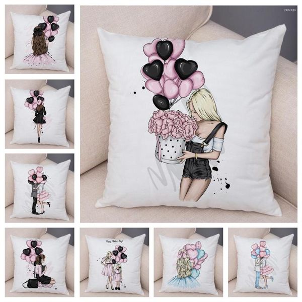 Kissen, weicher Plüschbezug, niedlicher Cartoon-Mädchen-Druck, Kissenbezug, Dekor, rosa Ballon, ich liebe dich, Hülle für Sofa, Zuhause, 45 x 45 cm