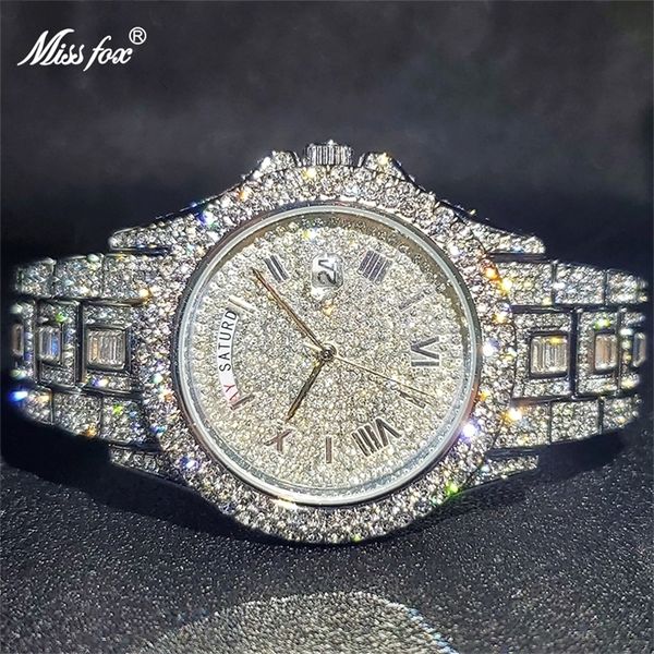 Relógios de pulso Relogio Masculino Luxo Missfox Ice Out Diamond Watch Multifuncional Dia Data Ajustar Calendário Quartz Relógios para Homens Dro 221018