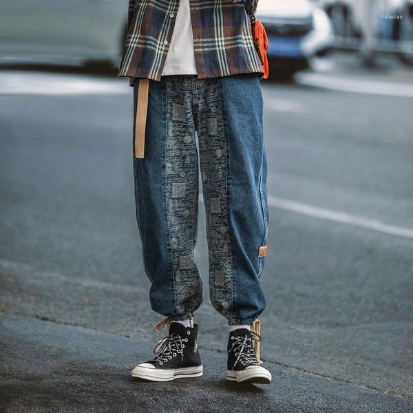 Мужские брюки, сшивая печать японские ретро-джинсы весна и осенние хип-хоп грузоподъемность мужская уличная одежда, корейская уличная одежда