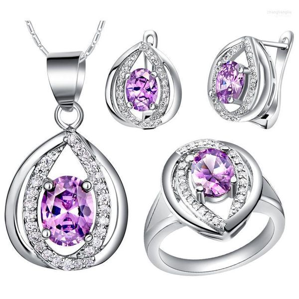 Collana Orecchini Set 2022 Austria Crystal White Gold Cover Women Wedding Viola / Azzurro e anello T444-7 #