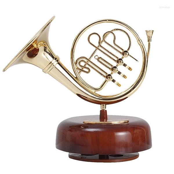 Figurine decorative Carillon in corno francese Classico Wind Up Twirling Base rotante Strumento in ottone Regalo artistico in miniatura