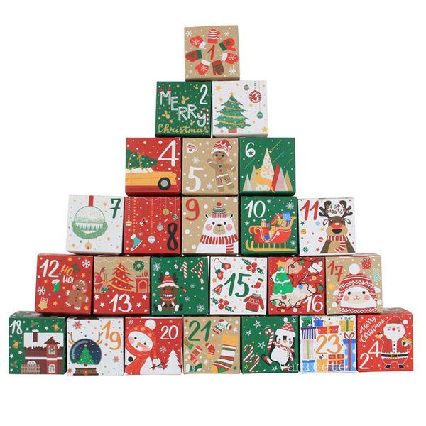 Presente de presente Candy Box 7cm Caixas quadradas Calendário de advento de Natal 1-24 Papel de embalagem boxt2i52783-6