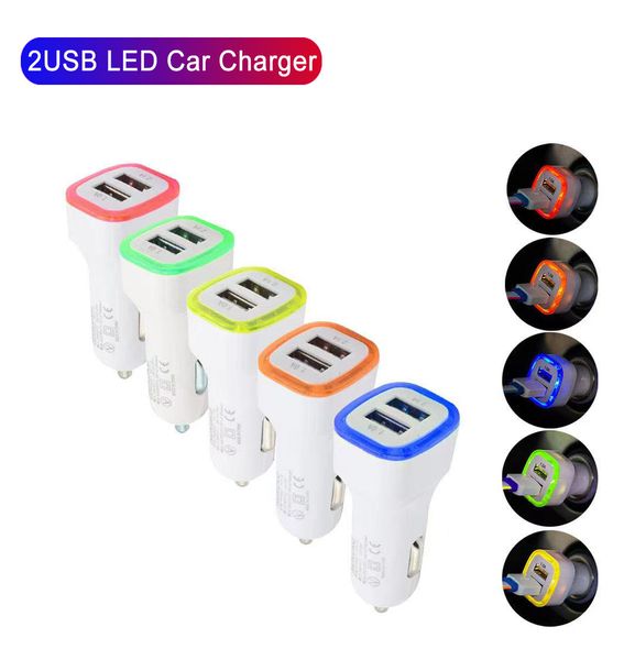 Carregador de carro LED de luz colorida Dual USB veículo de carro Adaptador de energia portátil 5V 1A