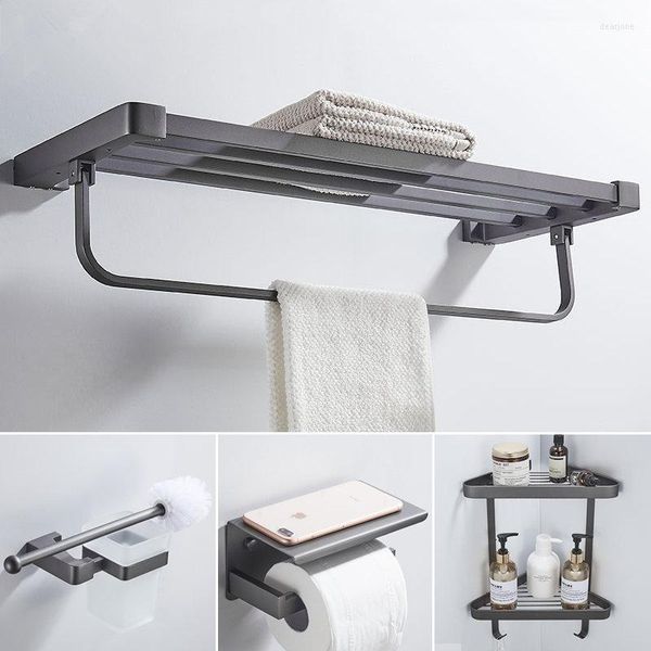 Set di accessori per il bagno Hardware in ottone Porta asciugamani/barra Mensola angolare per bagno Porta fazzoletti Porta accappatoio Scopino per WC Montaggio a parete Grigio