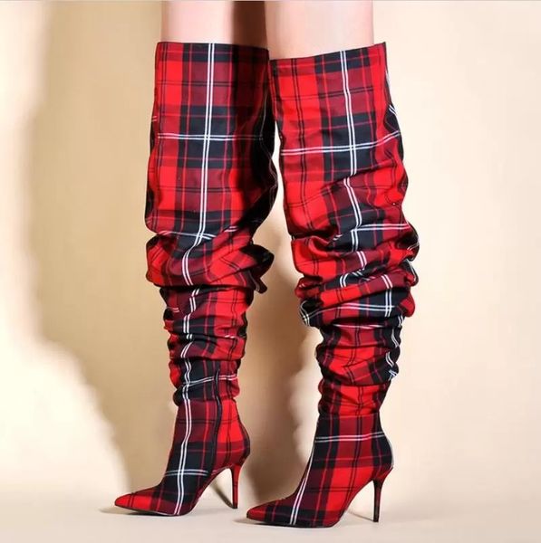 Pieghe Scarpe Stivali con pieghe da donna Stivali sopra il ginocchio Tacchi alti da donna Plaid invernale sexy Rosso Giallo Edizione limitata