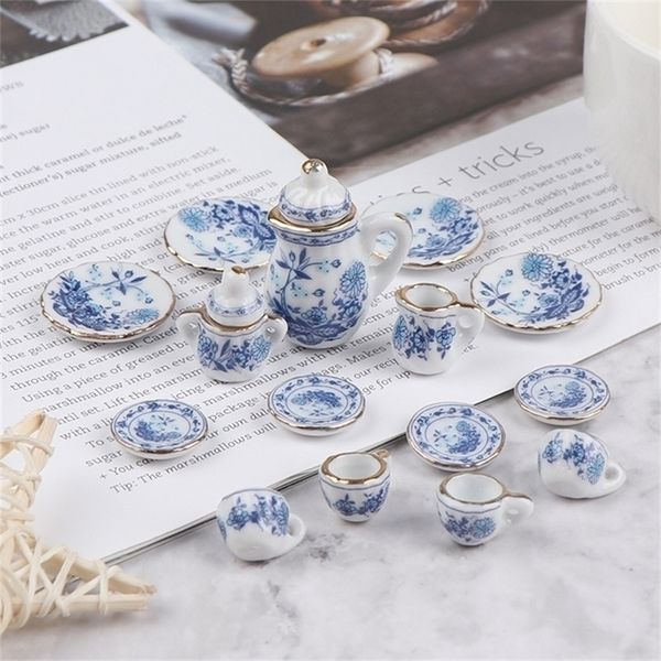 15pcs 112 Minyatür Porselen Çay Kupası Set Çiçek Döşeme Takımı Mutfak Bebek Evi Mobilya Oyuncakları Çocuk Kupaları 220725