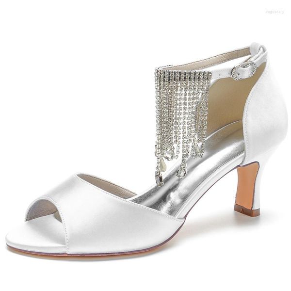 Sandali cristalli nappa sandalo da sposa scarpe per la sposa peep toe cinturino con fibbia alla caviglia tacco medio ballo di fine anno festa formale